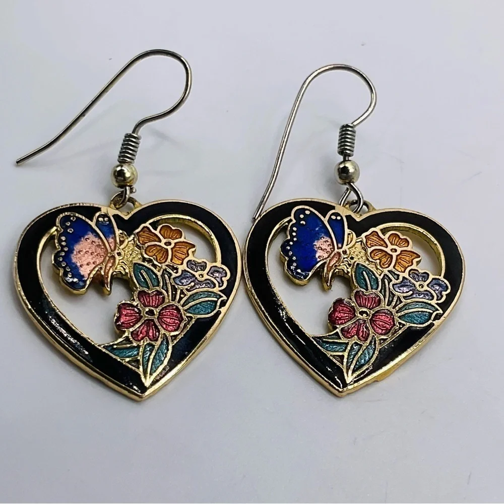 VTG Earrings Cloisonne Flower Butterfly Gold Tone 80s Jewelry Heart Gift Black - Picture 5 of 8